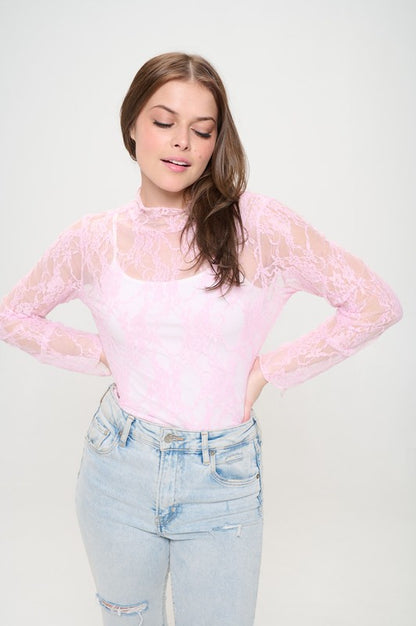 PLUS - Mock Neck Lace Mesh Top