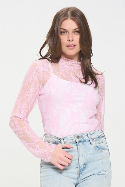 PLUS - Mock Neck Lace Mesh Top