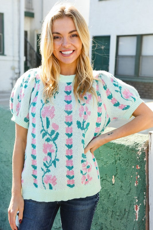 Mint Floral Sweater