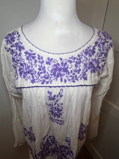 Amber Moon Revival: Embroidered Peasant Blouse in Cream/Purple