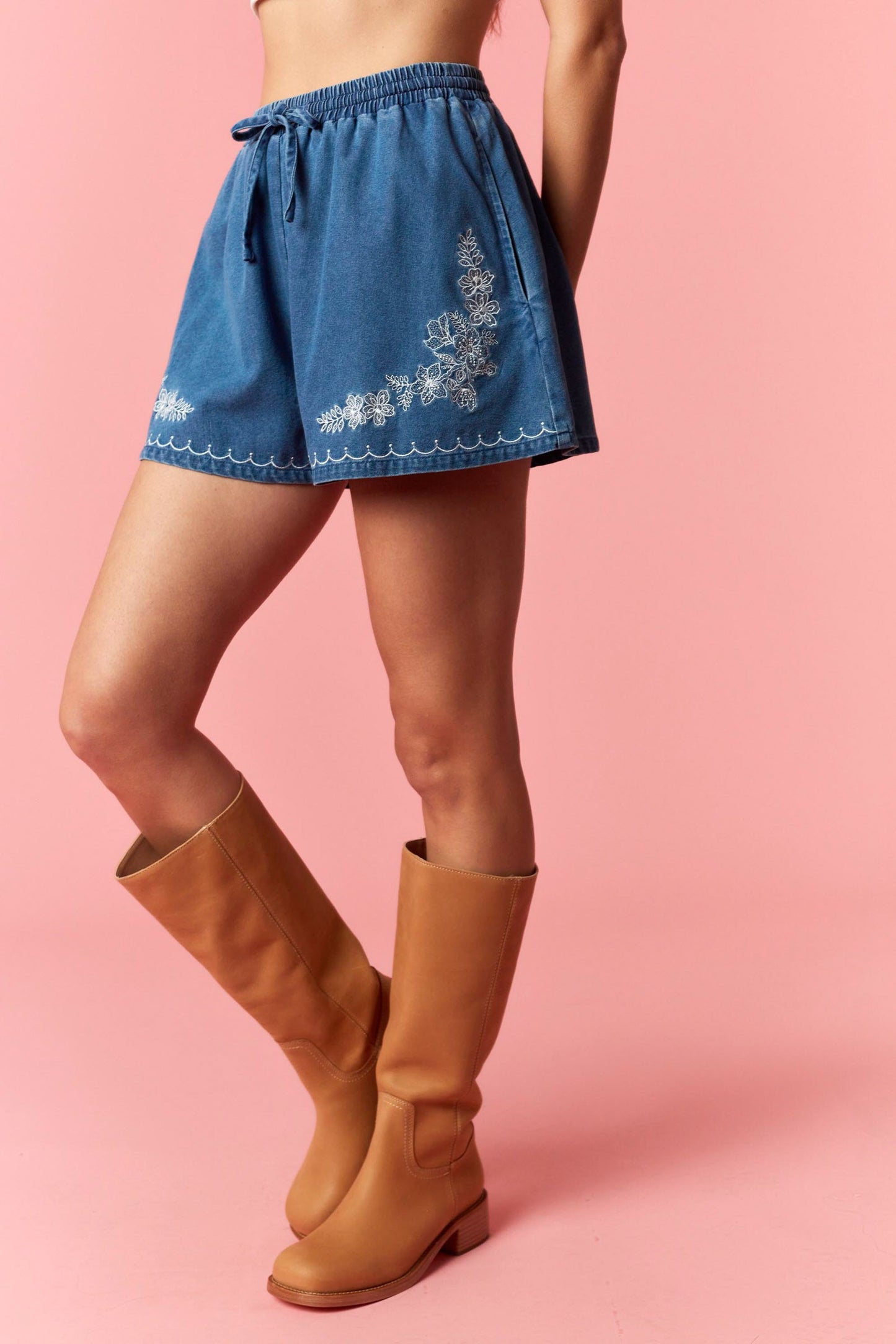 Floral Embroidered Denim Flare Shorts