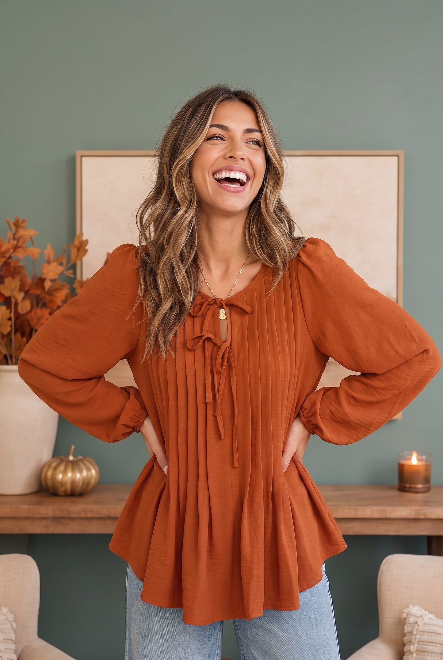 Apple Cider Tie Neck Blouse