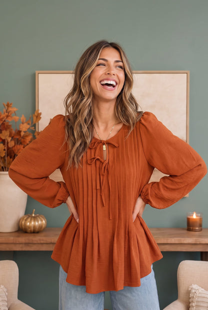 Apple Cider Tie Neck Blouse