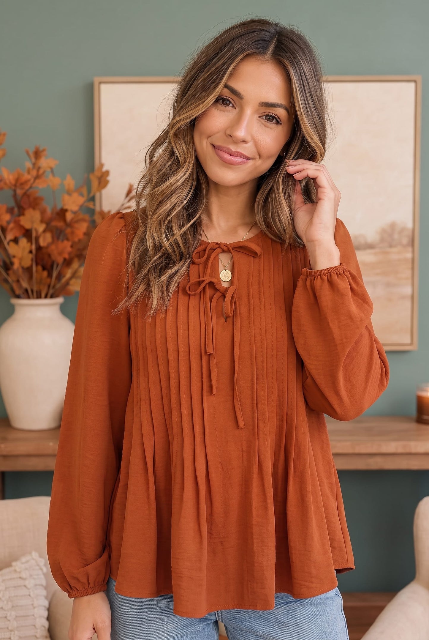 Apple Cider Tie Neck Blouse
