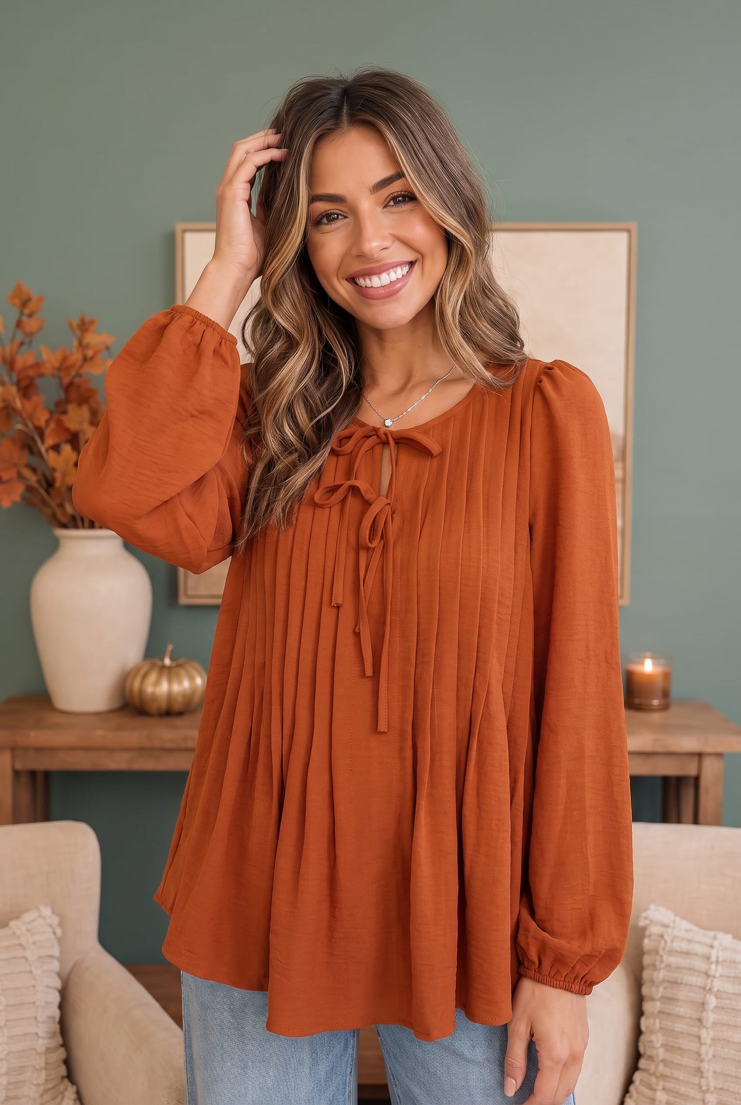 Apple Cider Tie Neck Blouse