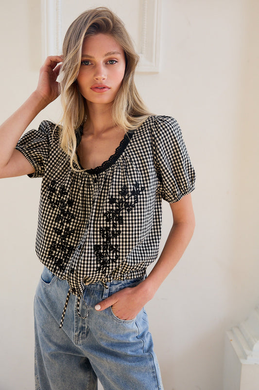 Floral Embroidered Gingham Blouse