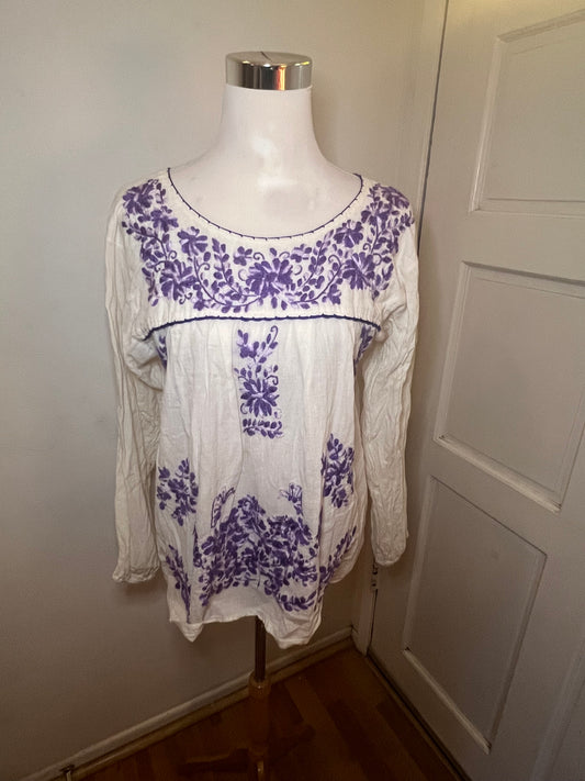 Cream & Purple Embroidered Floral Mexican Peasant Blouse