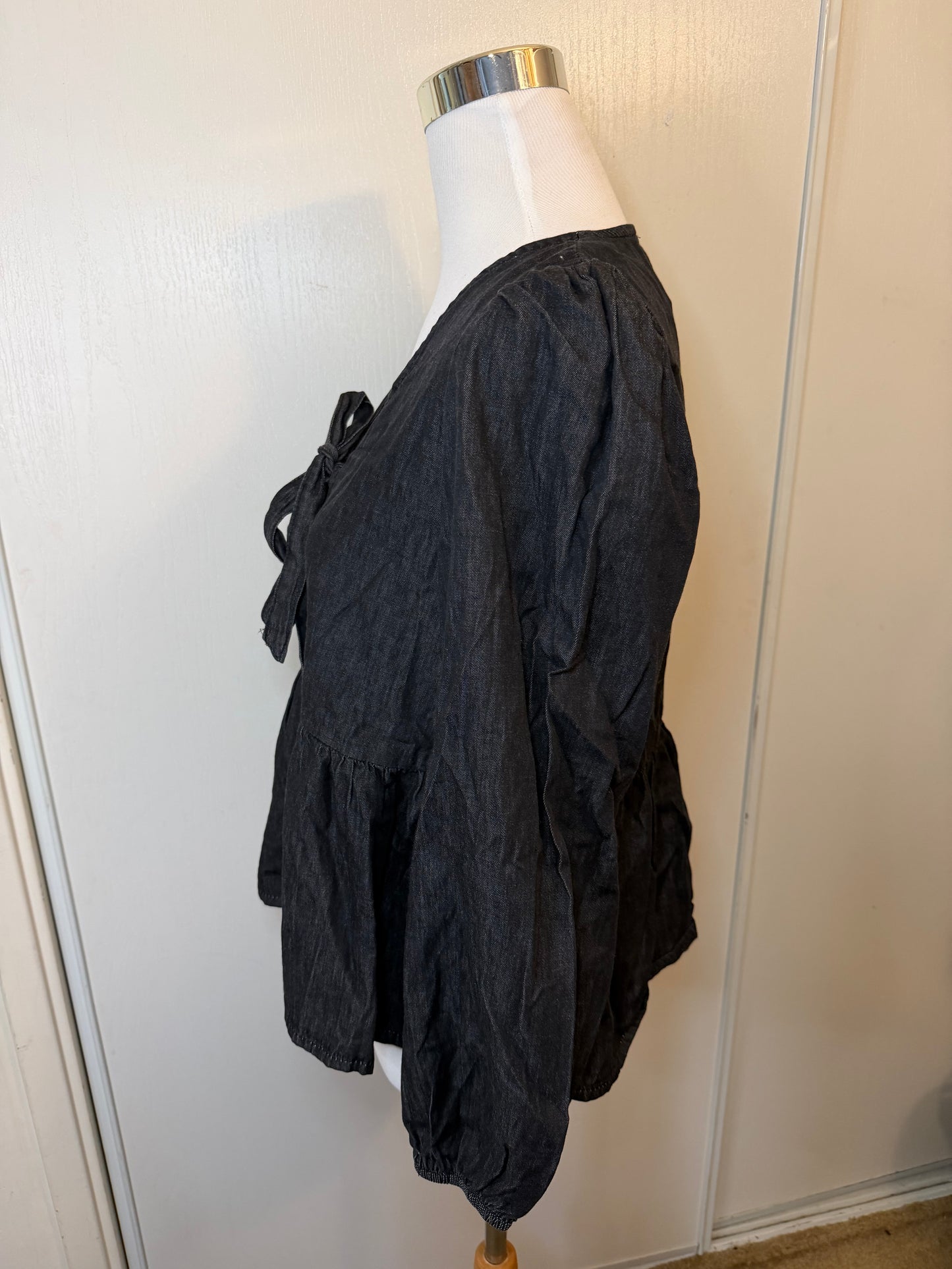 Amber Moon Revival: Black Denim Tie Front Peplum Top