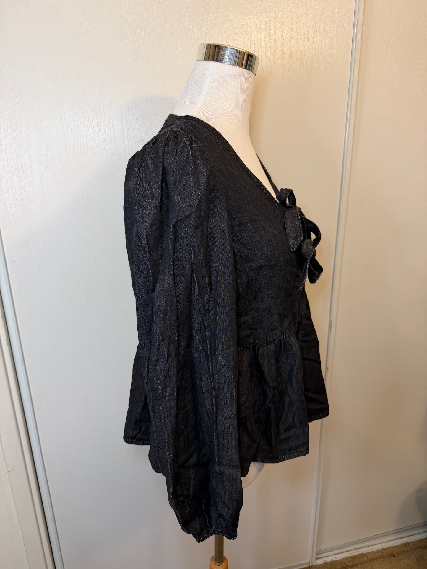 Amber Moon Revival: Black Denim Tie Front Peplum Top
