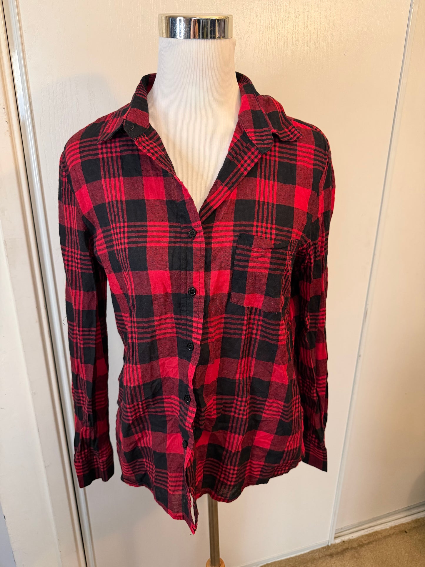 Amber Moon Revival: 100% Cotton Red & Black Plaid Button Down