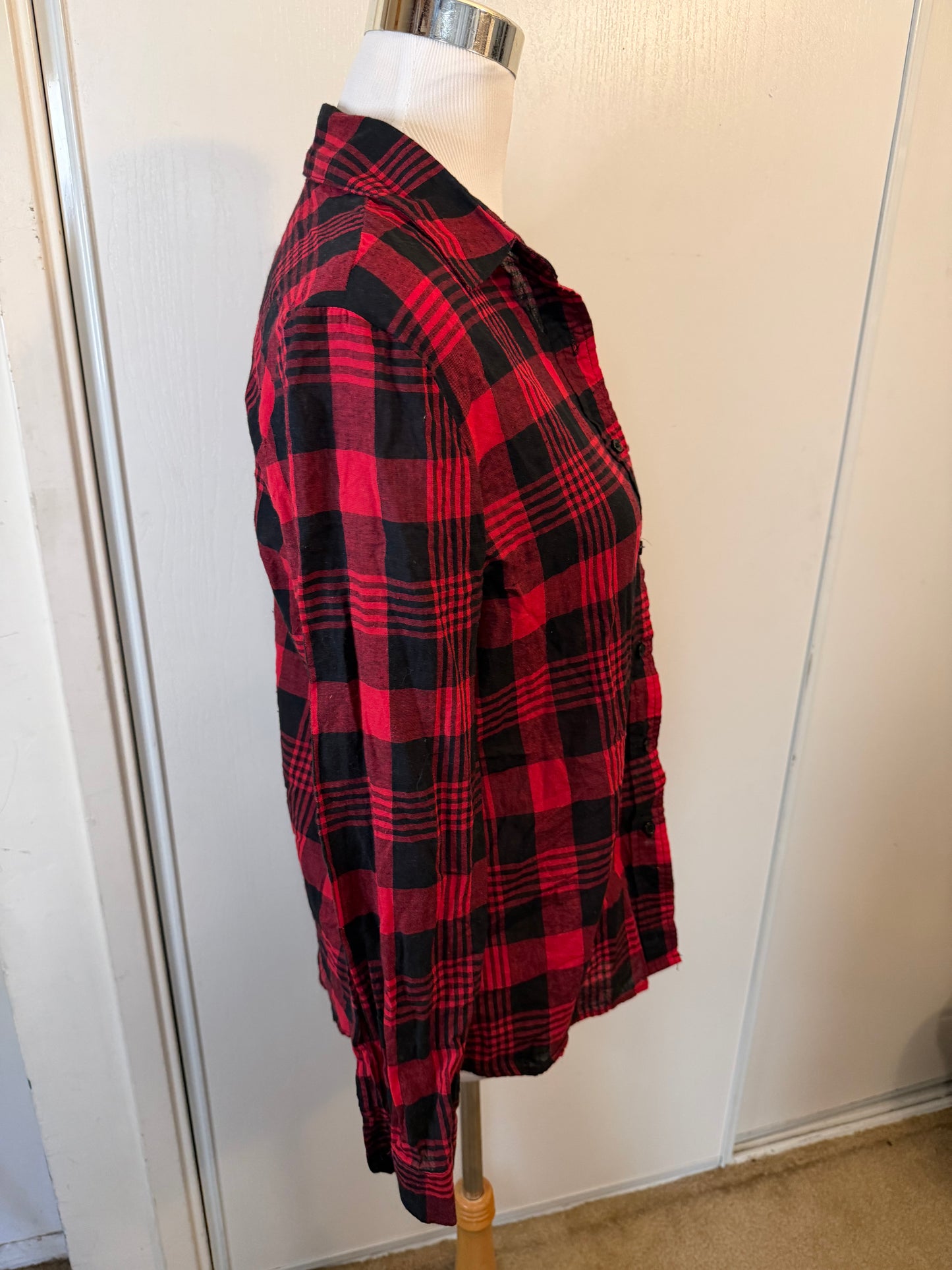 Amber Moon Revival: 100% Cotton Red & Black Plaid Button Down