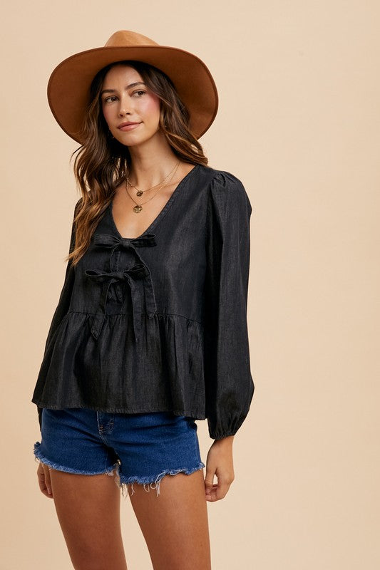 Bow Babydoll Denim Top in Black