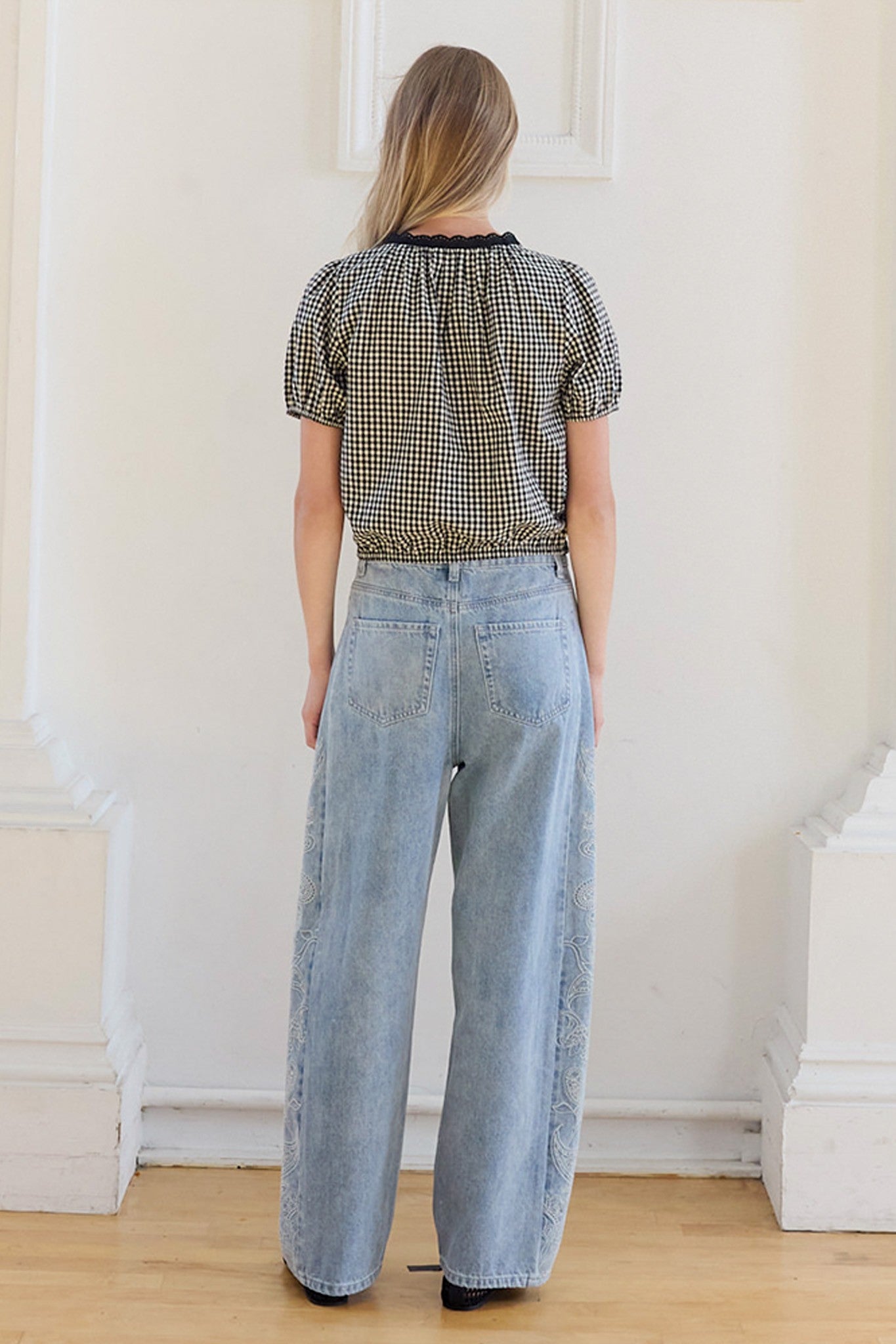 Floral Embroidered Gingham Blouse