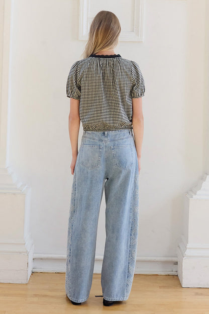 Floral Embroidered Gingham Blouse