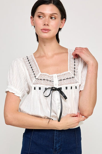 Dainty White Blouse with Black Ribbon