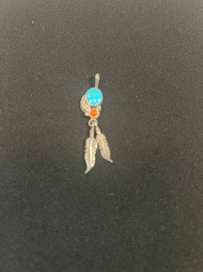 Vintage Turquoise and Coral Feather Pendant