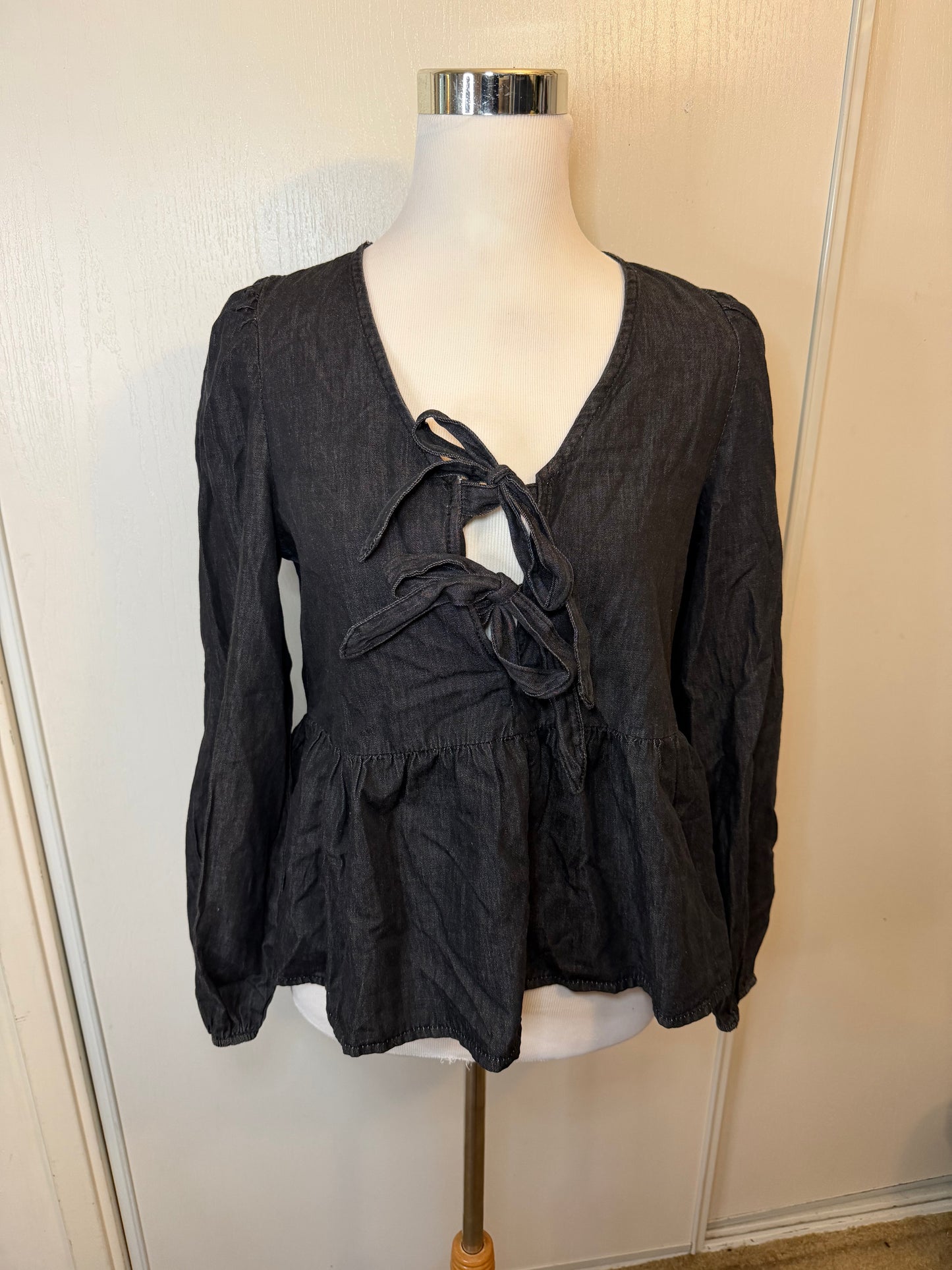 Amber Moon Revival: Black Denim Tie Front Peplum Top