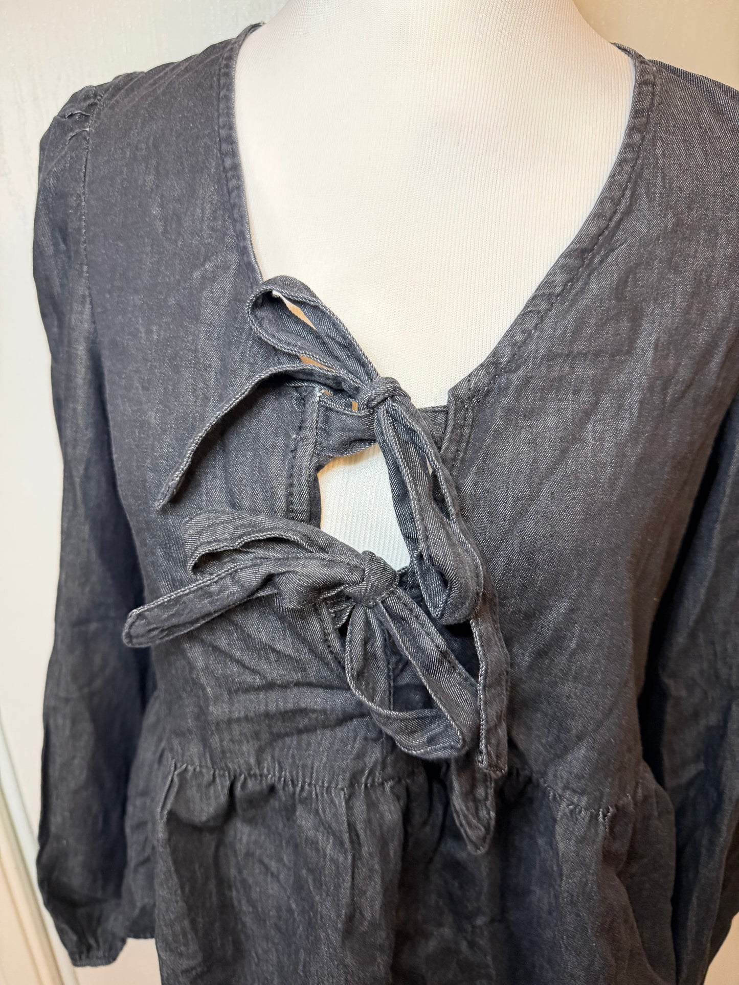 Amber Moon Revival: Black Denim Tie Front Peplum Top