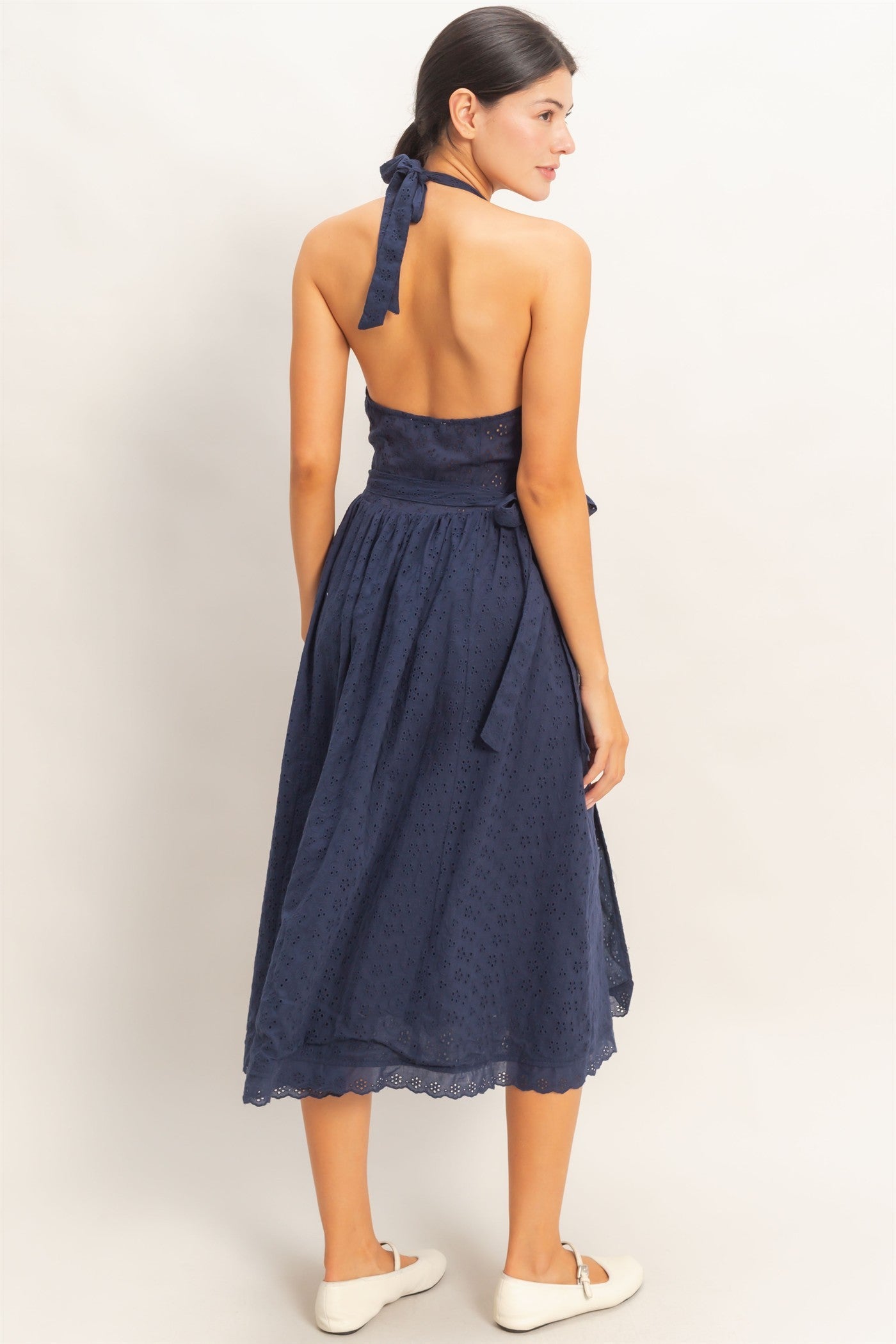 Navy Eyelet Halter Dress