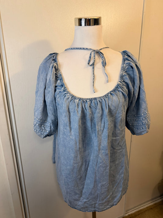 Amber Moon Revival: Chambray Puff Sleeve Peasant Blouse NWT