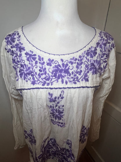 Cream & Purple Embroidered Floral Mexican Peasant Blouse