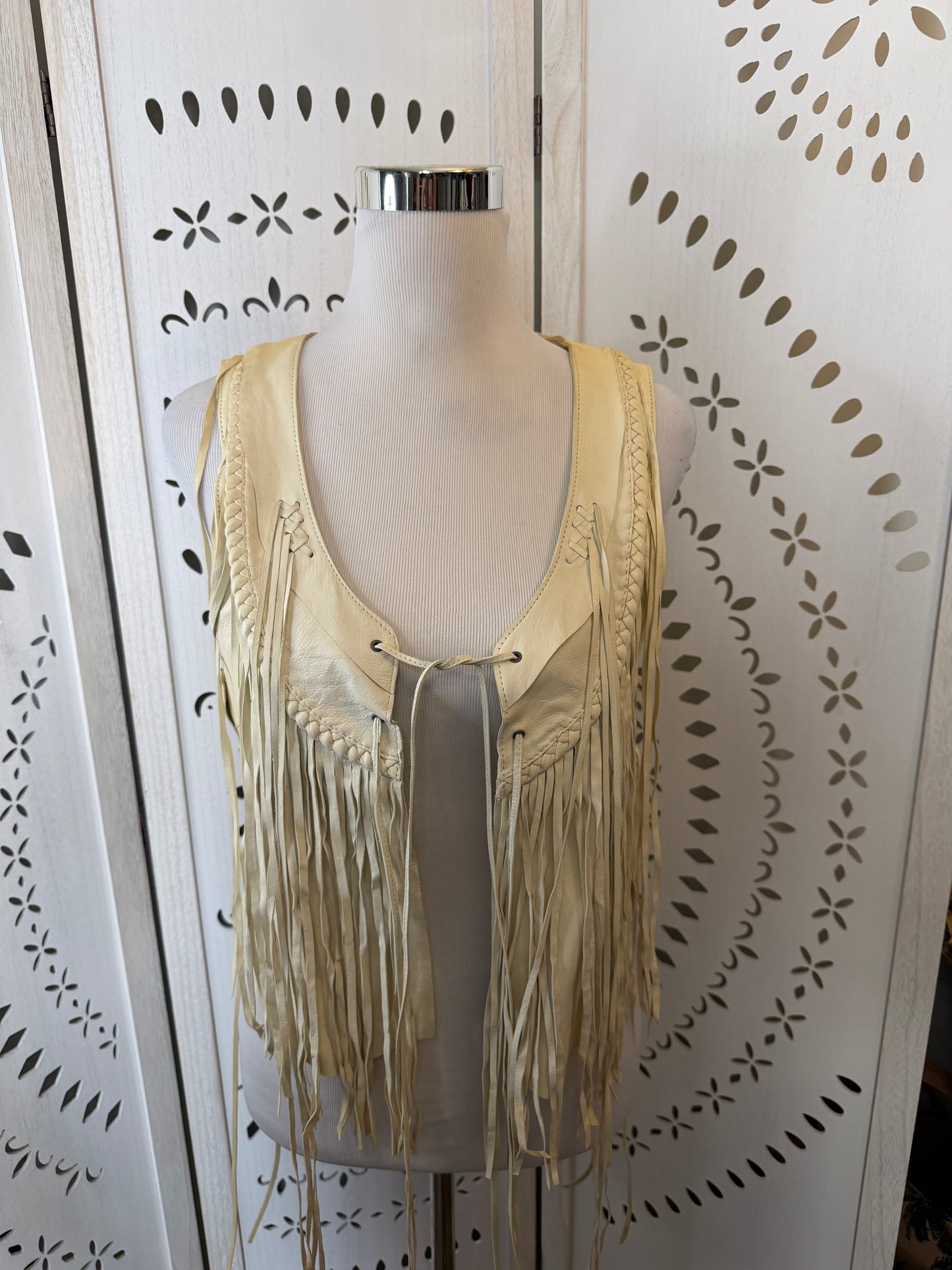 Rare Vintage Y2K True Religion Cream Leather Fringe Vest