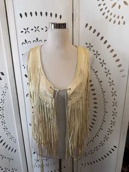Rare Vintage Y2K True Religion Cream Leather Fringe Vest
