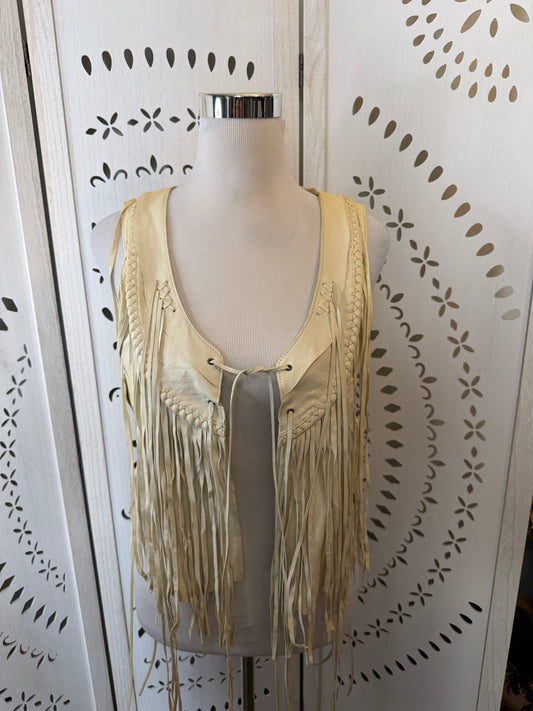 Rare Vintage Y2K True Religion Cream Leather Fringe Vest