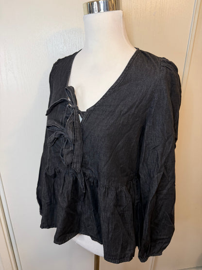Amber Moon Revival: Black Denim Tie Front Peplum Top