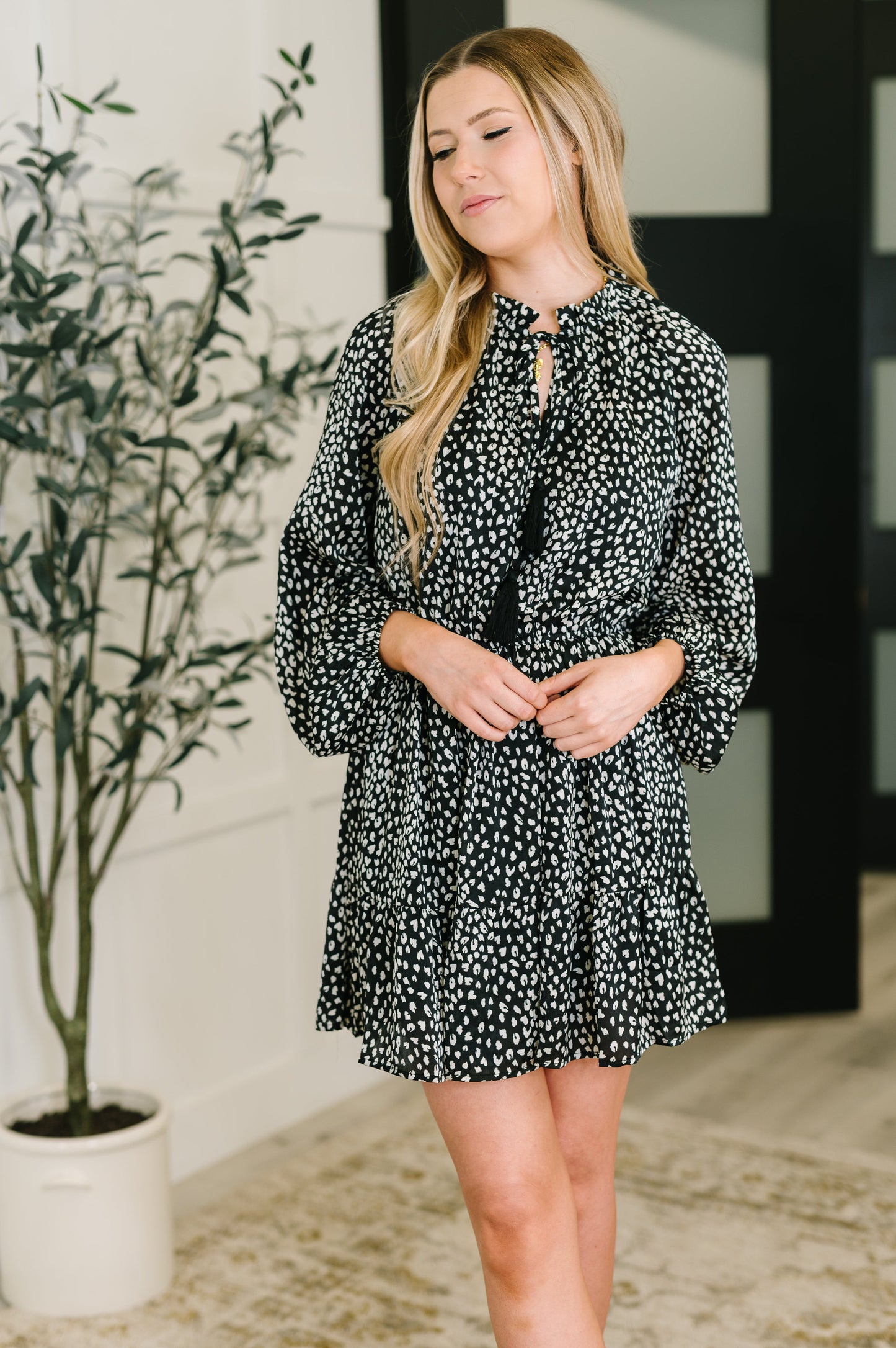 Animal Print Tiered Dress in Black