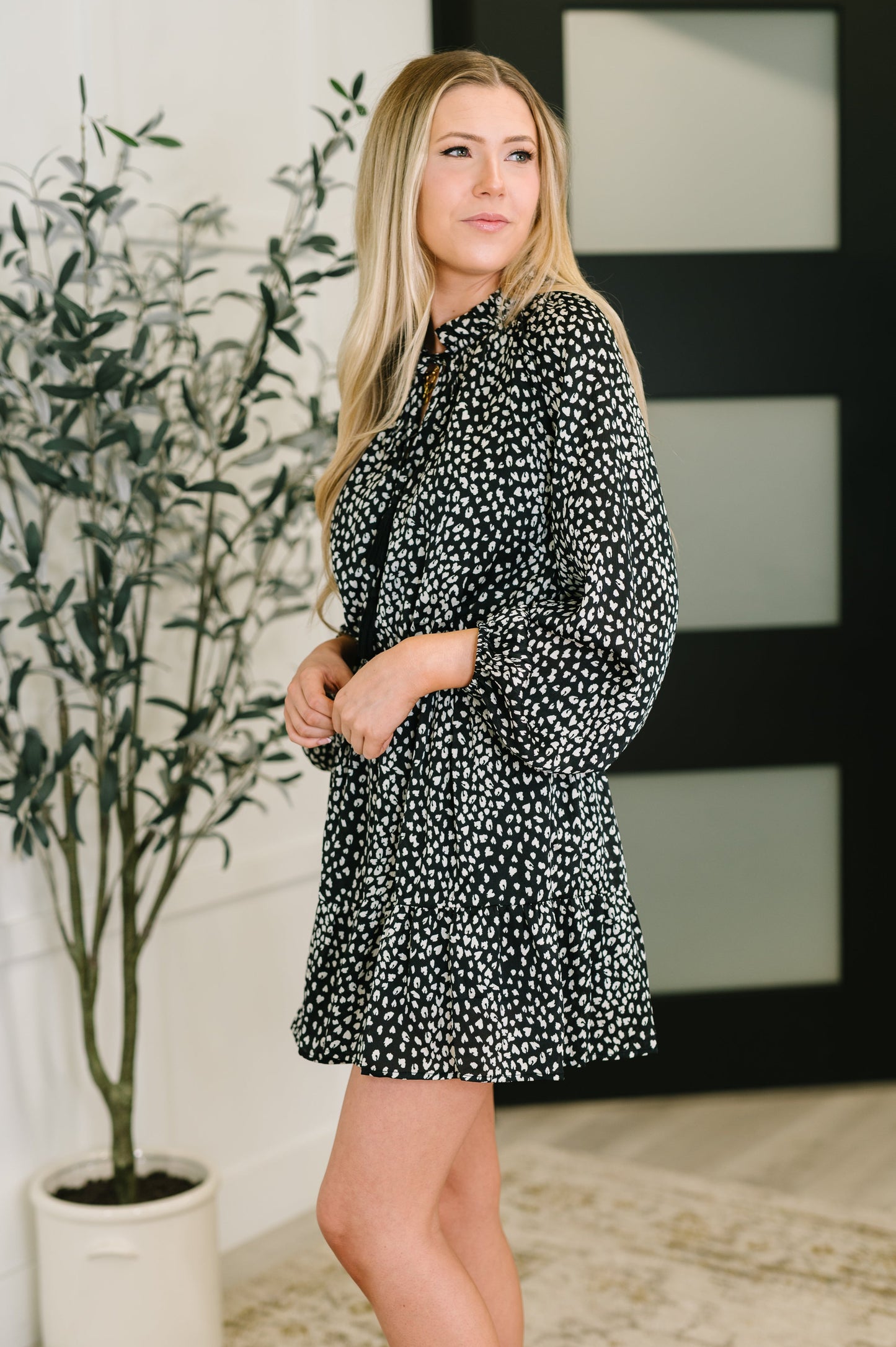 Animal Print Tiered Dress in Black