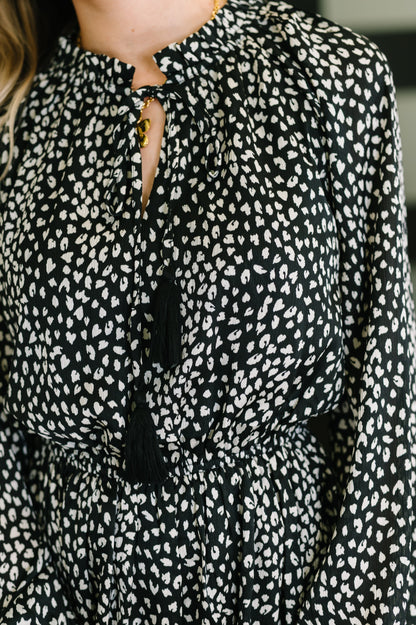 Animal Print Tiered Dress in Black