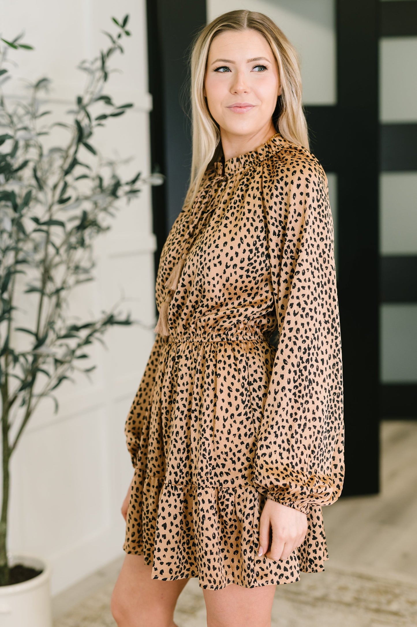 Animal Print Tiered Dress in Pecan Brown