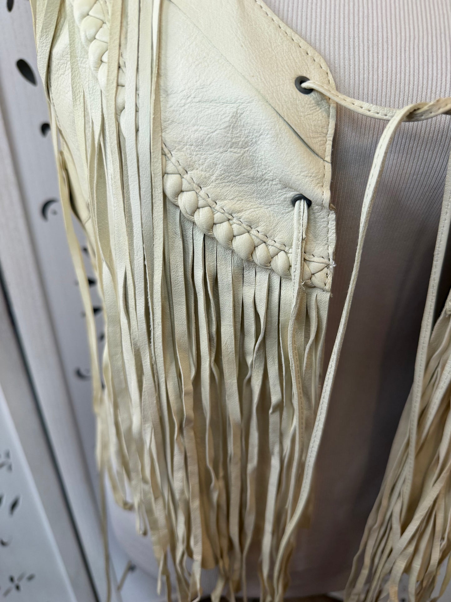 Rare Vintage Y2K True Religion Cream Leather Fringe Vest