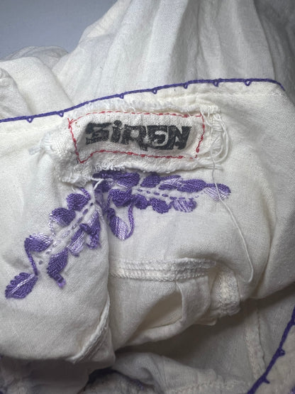 Cream & Purple Embroidered Floral Mexican Peasant Blouse