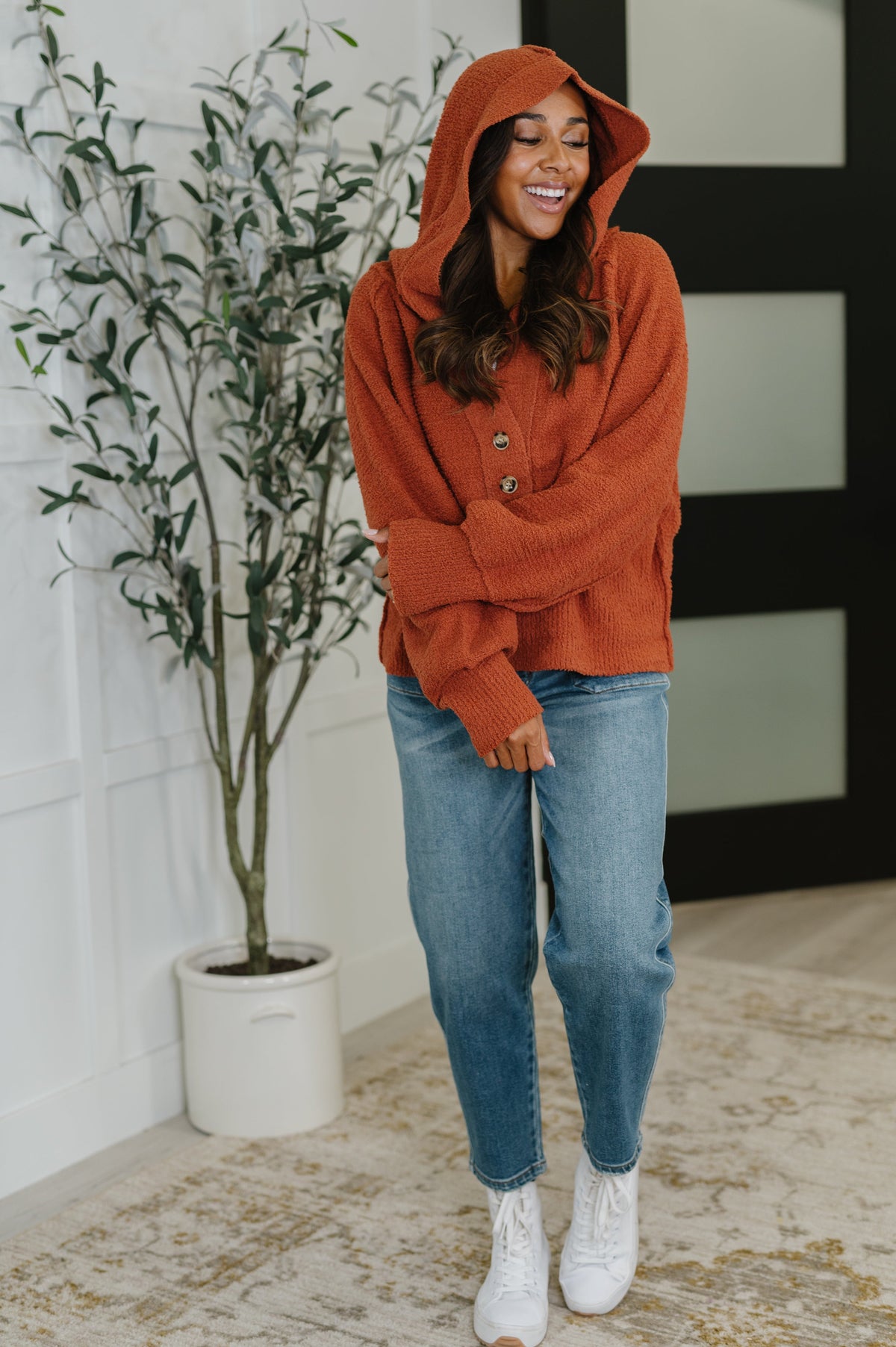 Rust Hooded Henley Sweater