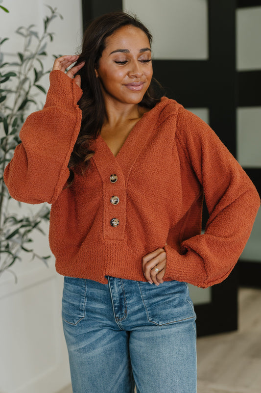 Rust Hooded Henley Sweater