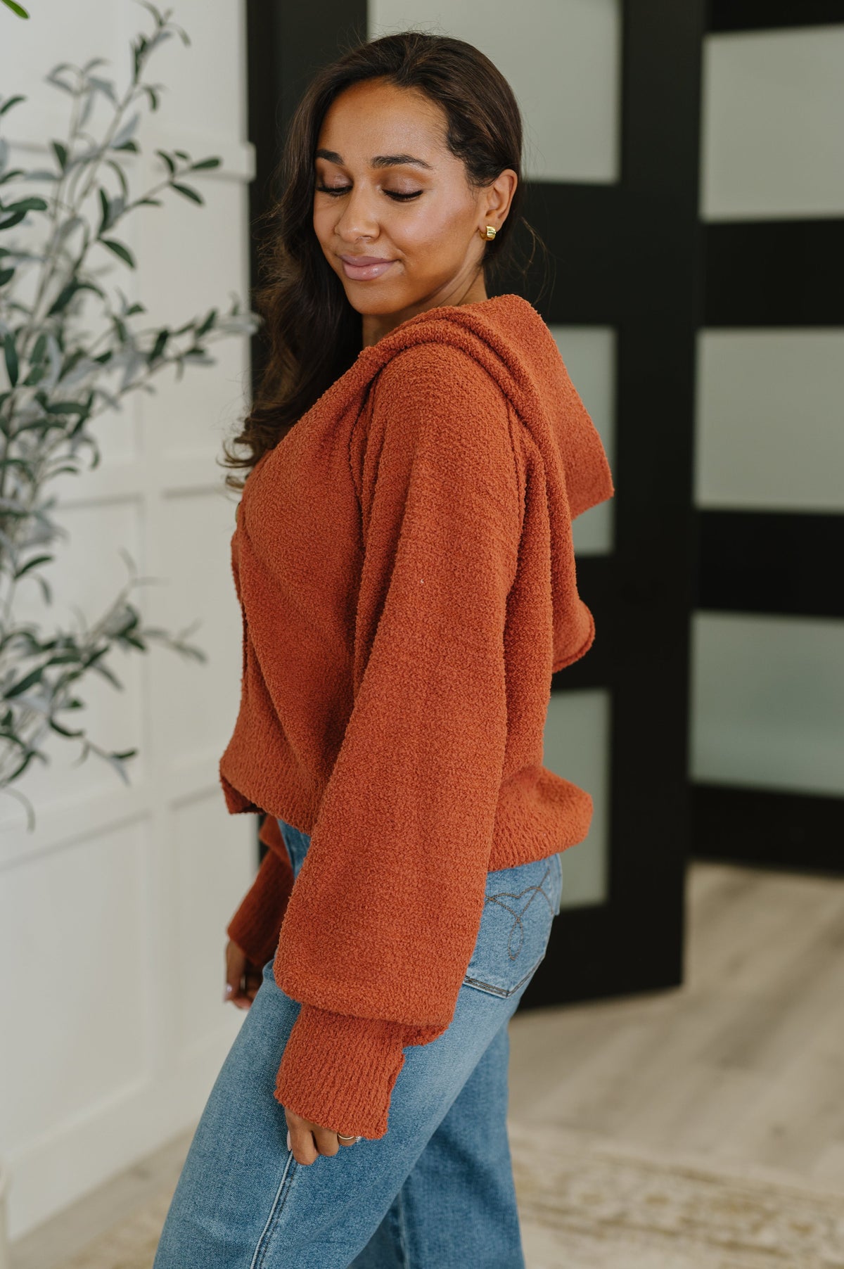Rust Hooded Henley Sweater