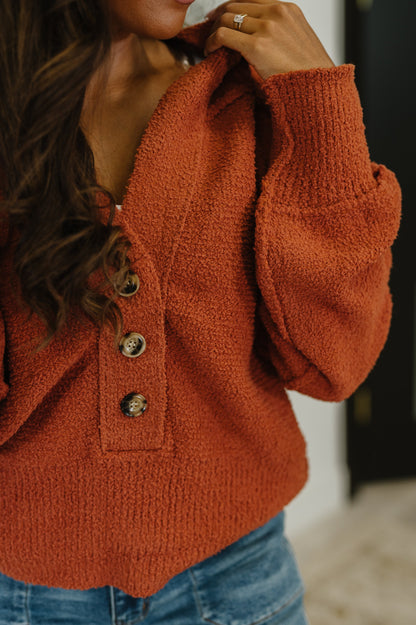 Rust Hooded Henley Sweater