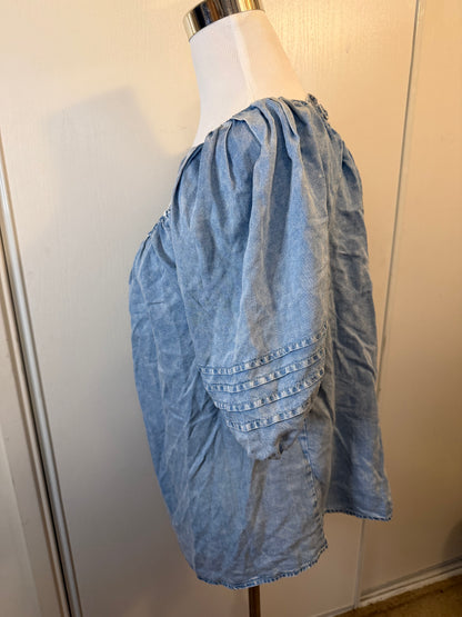 Amber Moon Revival: Chambray Puff Sleeve Peasant Blouse NWT