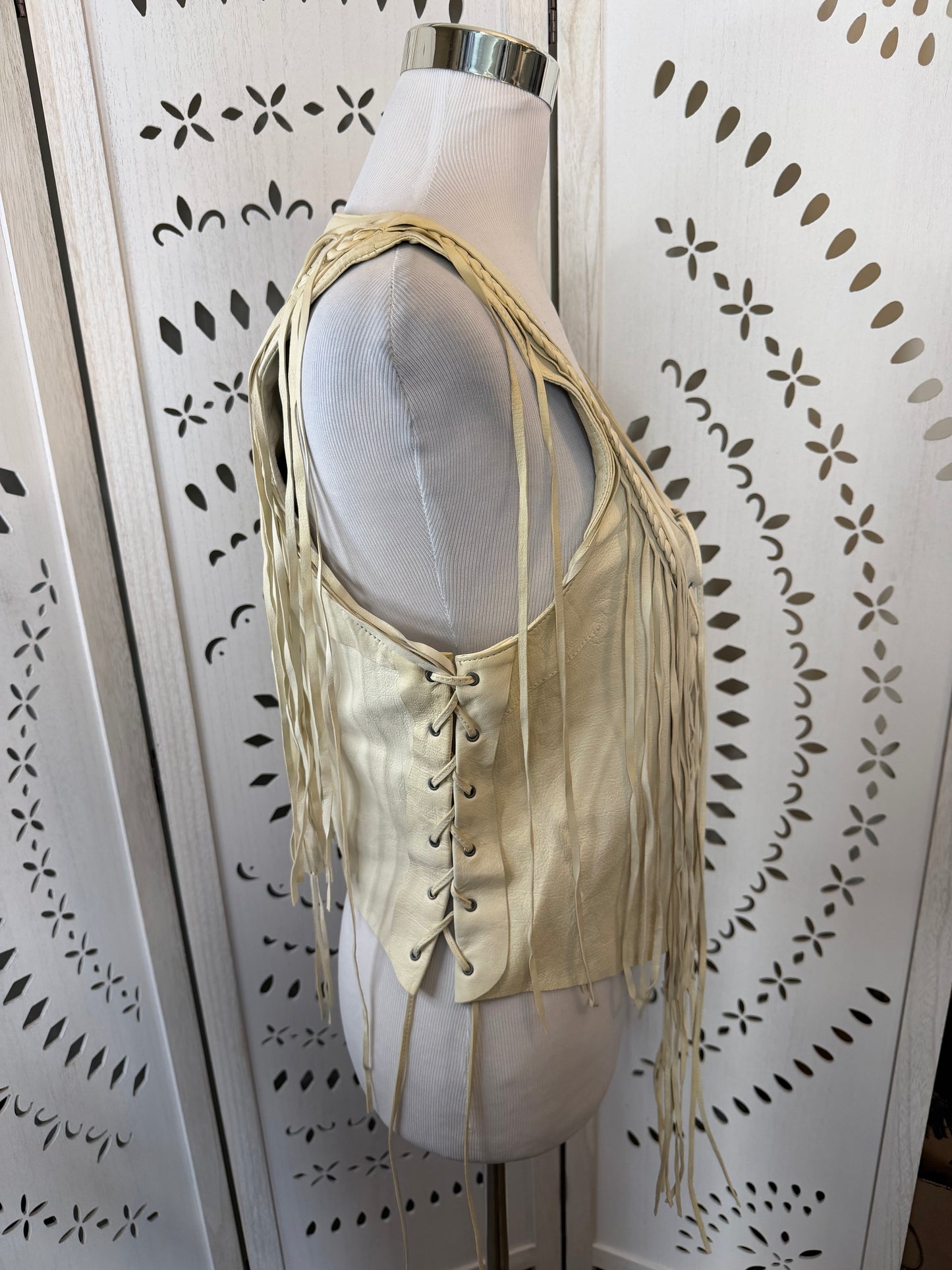 Rare Vintage Y2K True Religion Cream Leather Fringe Vest