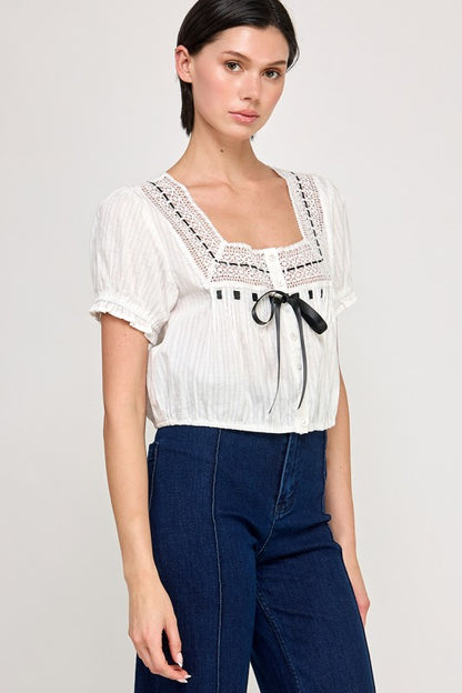 Dainty White Blouse with Black Ribbon