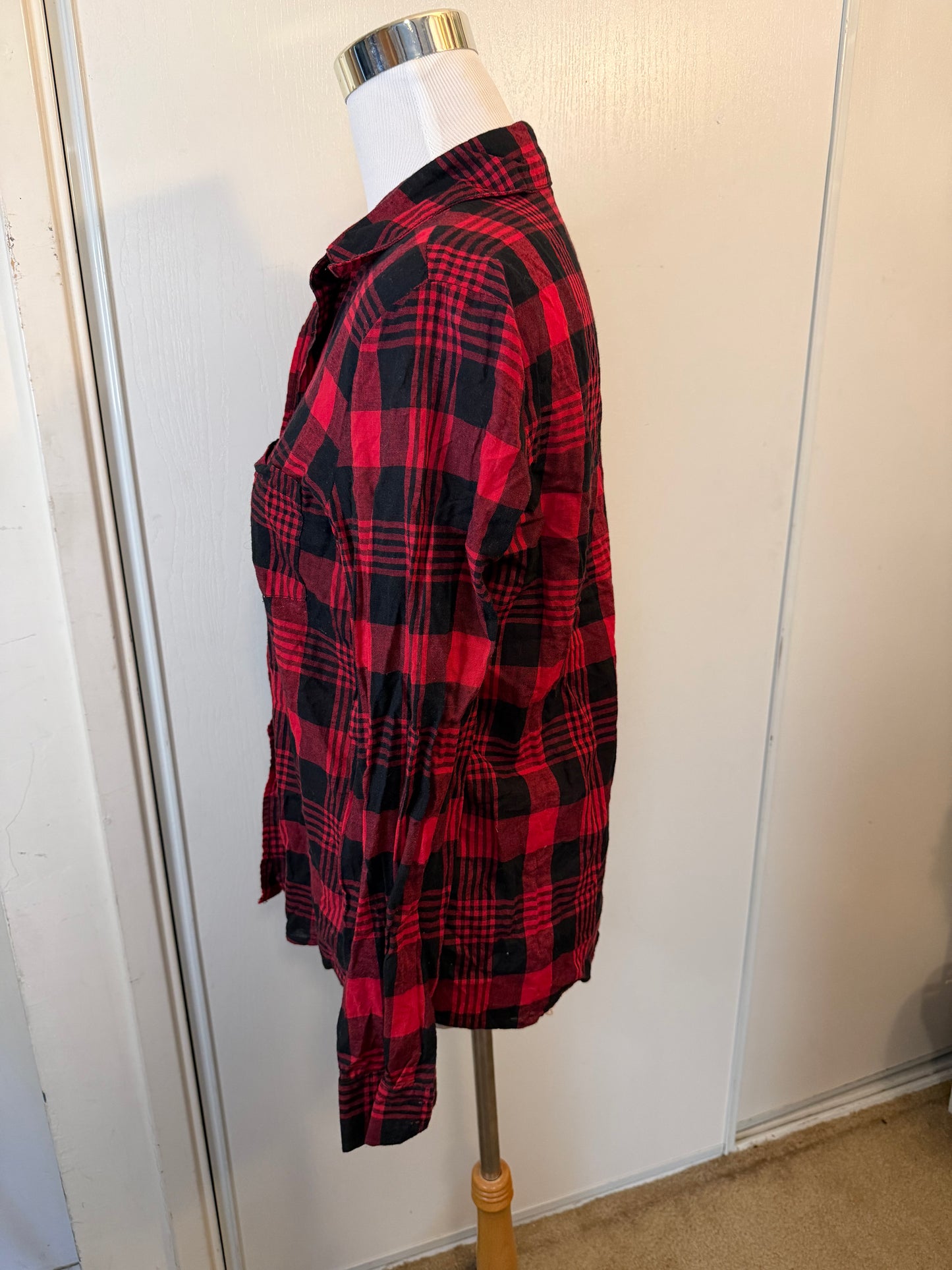 Amber Moon Revival: 100% Cotton Red & Black Plaid Button Down