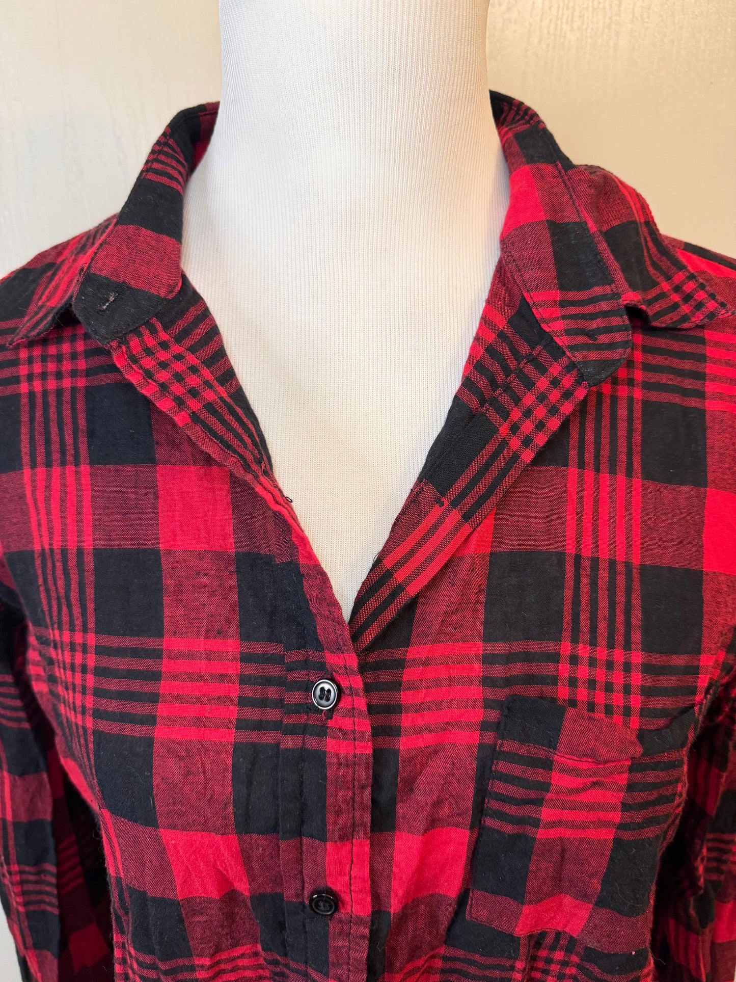 Amber Moon Revival: 100% Cotton Red & Black Plaid Button Down