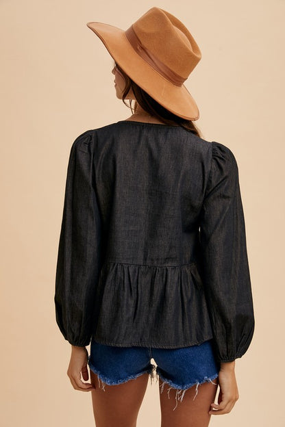 Amber Moon Revival: Black Denim Tie Front Peplum Top