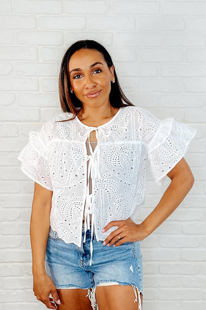 Eyelet Front Tie Top in Off White
