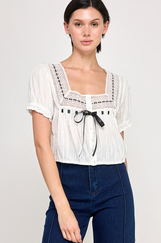 Dainty White Blouse with Black Ribbon