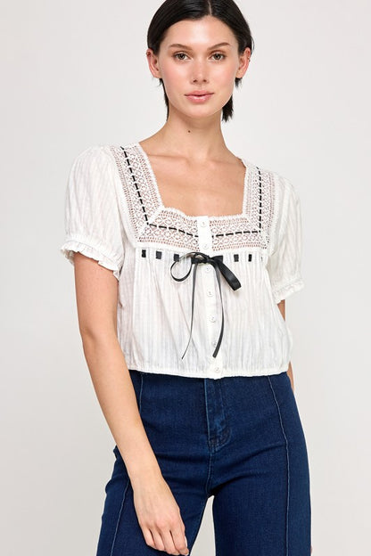 Dainty White Blouse with Black Ribbon