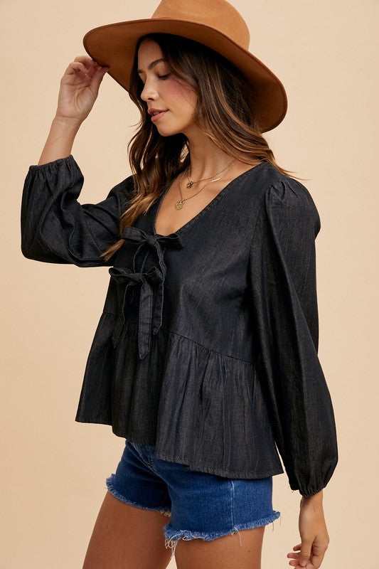 Amber Moon Revival: Black Denim Tie Front Peplum Top