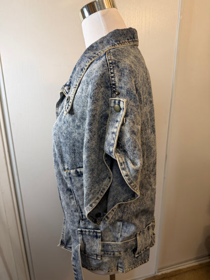 Amber Moon Revival: 100% Cotton Acid Washed Denim Belted Shirt Jacket